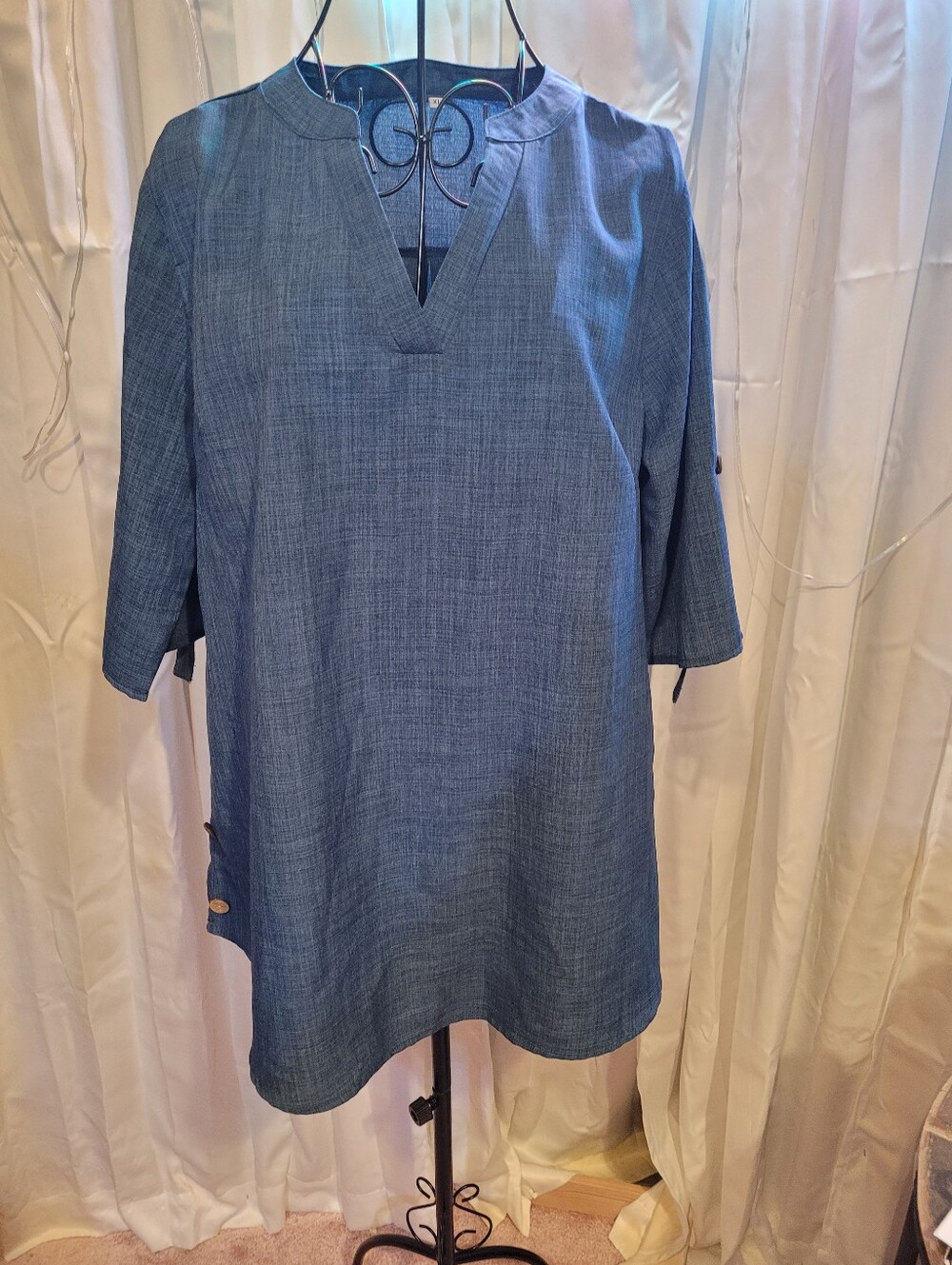 Men's Casual Blue Tunic Shirt - Relaxed V-Neck